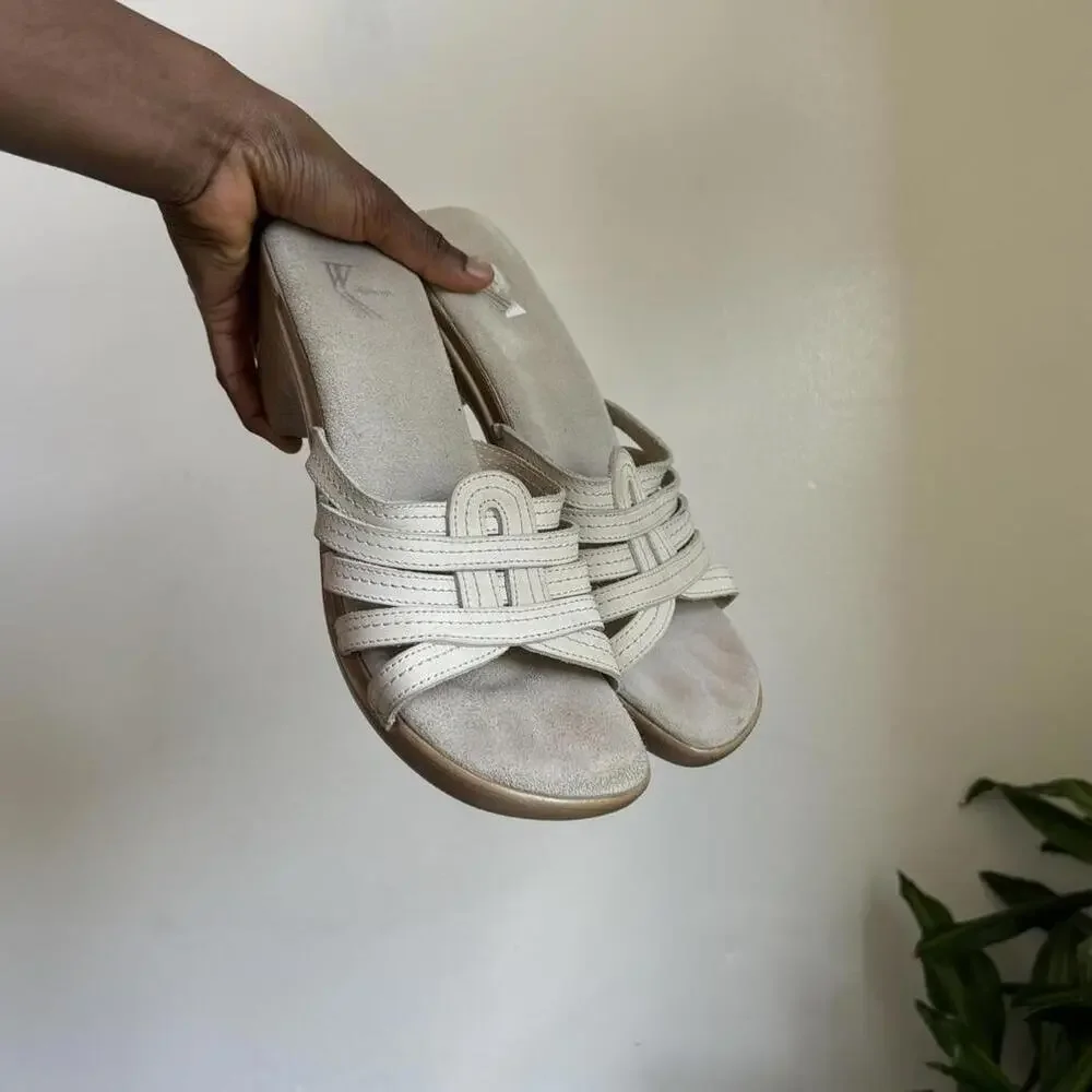 Vintage creamy cut out‎ Strappy slip on block Heeled Sandals